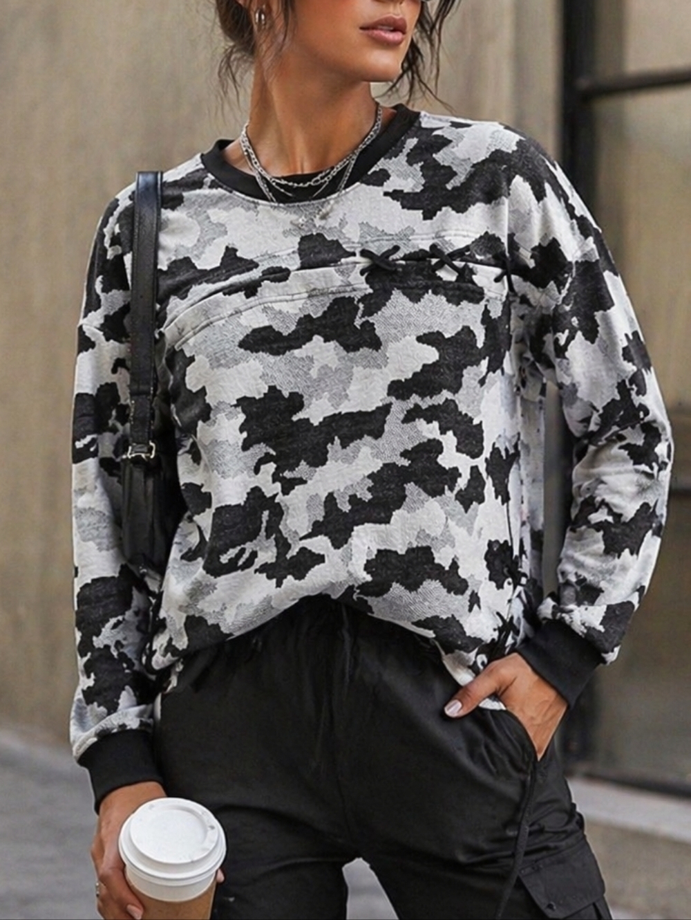 Nanette Lepore Camo Sweatshirt Relaxed Fit Cozy Pullover Black Grey